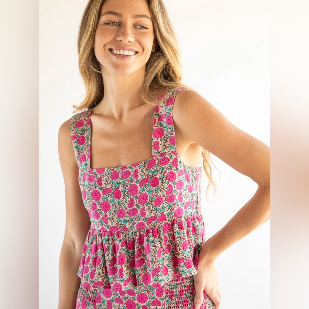 Floral Pink and Green Sleeveless Tank Top